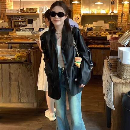 高级感炸街小个子复古西装皮衣外套2024春秋新款黑色机车皮夹克女