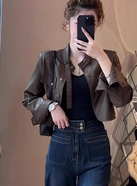 棕色短款皮衣外套女春秋美式复古流行小个子短款显瘦机车pu皮夹克