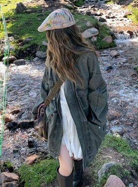 复古重工军绿色做旧工装外套女秋季2025新款慵懒宽松显瘦百搭上衣