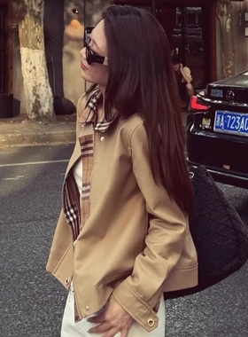 秋季高级感美拉德穿搭翻领格纹短外套女老钱风松弛感宽松风衣夹克