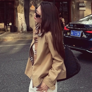 高级感美拉德穿搭翻领格纹短外套女老钱风松弛感宽松风衣夹克 秋季