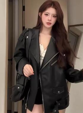 黑色机车服pu皮衣外套女设计感春秋新款美式复古小个子高级感夹克