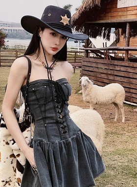 美式西部牛仔风辣妹连衣裙穿搭复古收腰抹胸牛仔a字裙夏女小个子
