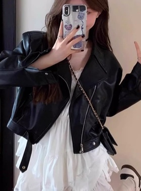 春秋黑色短款皮衣外套女2025新款复古高级感翻领机车服皮夹克上衣