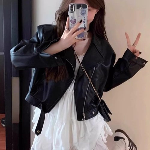 复古高级感翻领机车服皮夹克上衣