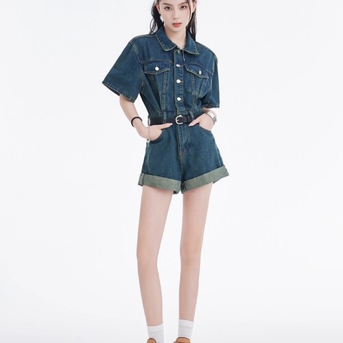 复古时尚工装牛仔连体裤短裤女
