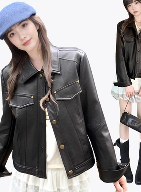 美式复古黑色皮衣外套女秋季新款小个子高级感夹克上衣机车服短款
