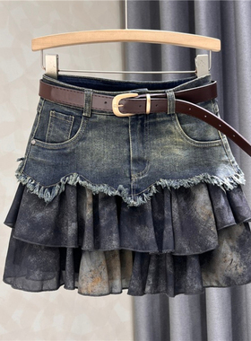 美式辣妹拼接牛仔半身裙女夏季新款减龄百搭复古高腰显瘦a字短裙