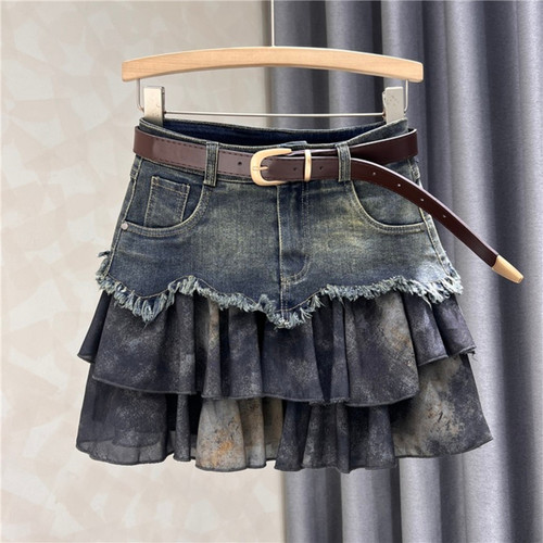 美式拼接牛仔半身裙女