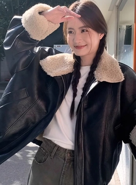 jennie同款黑色pu皮毛一体羊羔毛外套女秋冬加厚复古机车服皮夹克