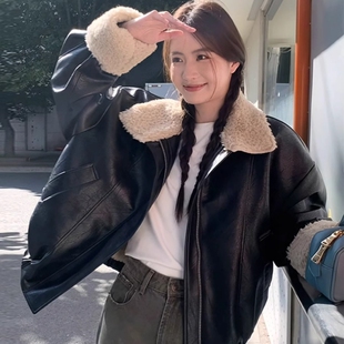 jennie同款黑色pu皮毛一体羊羔毛外套女秋冬加厚复古机车服皮夹克