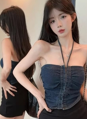 设计感挂脖牛仔一字露肩吊带女纯欲辣妹抹胸褶皱内搭外穿短款上衣