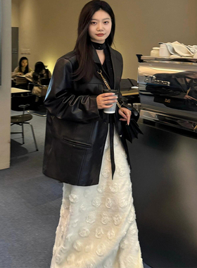 2025新款纯黑色西装皮衣外套女秋冬韩系宽松气质高级感简约皮夹克