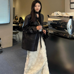 2025新款 皮衣外套女秋冬韩系宽松气质高级感简约皮夹克 纯黑色西装