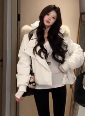 白色毛领连帽时尚棉服外套女冬季2025新款面包服加厚短款棉衣棉袄