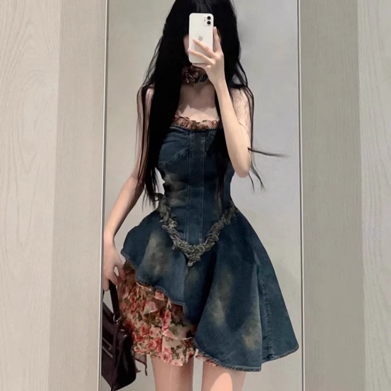 设计感拼接复古牛仔百褶裙女短裙