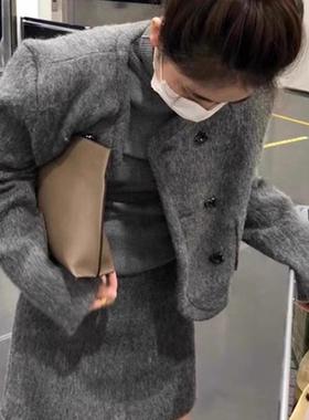 小个子小香风一整套装裙秋冬2025年新款高级穿搭灰色毛呢外套短裙