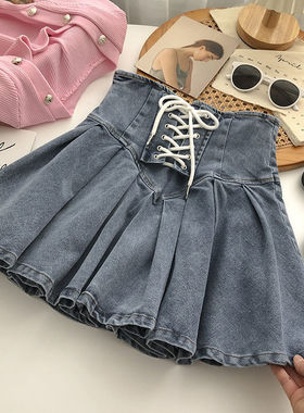 2024新款辣妹弹力牛仔百褶裙女韩版交叉绑带短裙时尚百搭半身裙