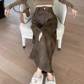 秋冬2024年新款 短裙高腰a字裙复古皮裙子pu皮半身裙女 开叉中长款