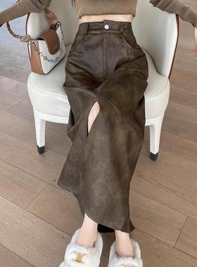 秋冬2024年新款开叉中长款短裙高腰a字裙复古皮裙子pu皮半身裙女