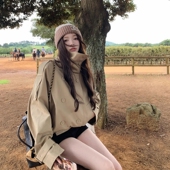 英伦风立领短款 上衣 复古双排扣宽松休闲外套开衫 风衣女秋季 法式