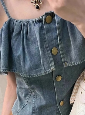 气质显瘦荷叶边一字肩牛仔衬衫女2025夏季新款宽松休闲百搭上衣