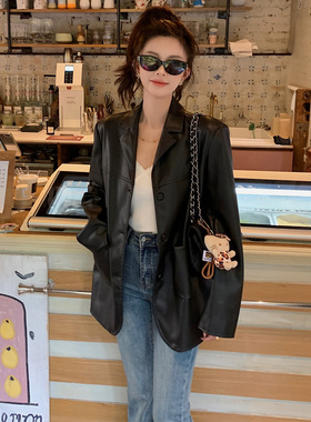 2025早秋潮款高级感黑色西装皮衣外套女小个子复古港风PU宽松夹克