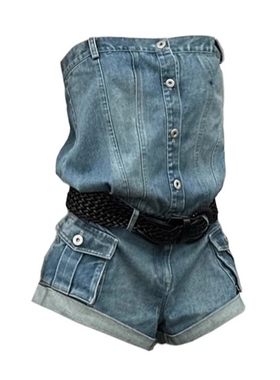 美式复古蓝色无袖抹胸牛仔连体裤女装夏季辣妹别致显瘦短裤连身裤