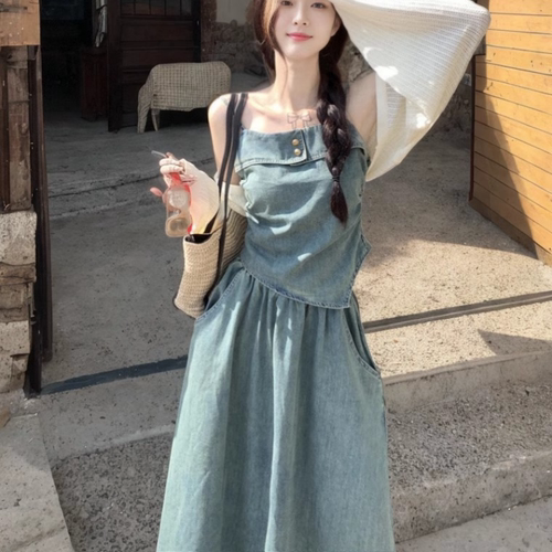 韩系不规则修身吊带牛仔半身裙