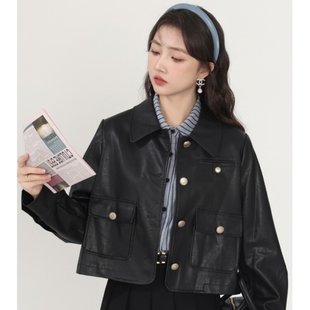 黑色翻领短款 夹克上衣潮 皮衣外套2025春秋超火新款 酷飒风休闲时尚