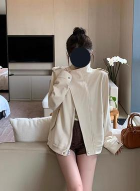 白巧恋人麂皮绒外套女秋冬季米白色设计感机车风宽松皮衣夹克上衣