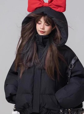 甜系黑色连帽棉服女2025冬季新款肌理感防泼水加厚泡芙型外套棉袄