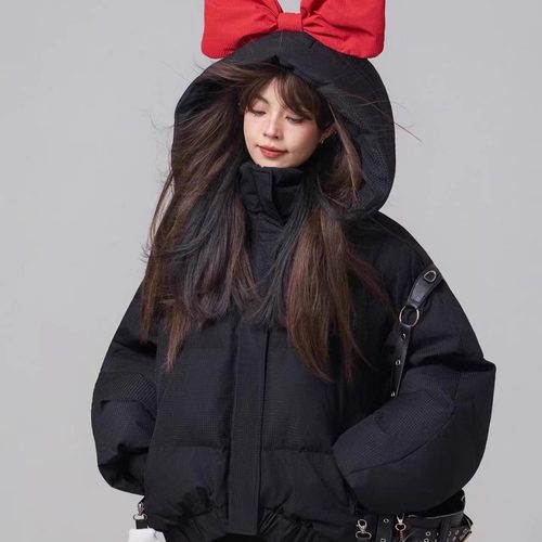 甜系黑色连帽棉服女2025冬季新款