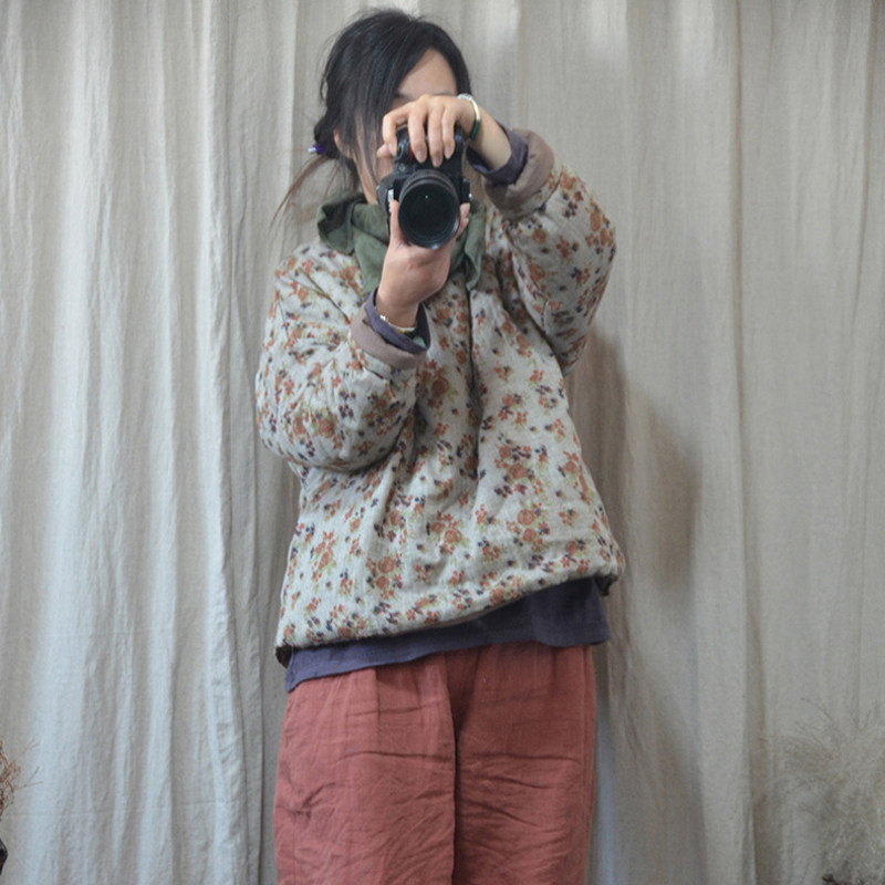 文言棉麻女装文艺小碎花圆领棉袄宽松复古休闲夹棉上衣左岸风棉服