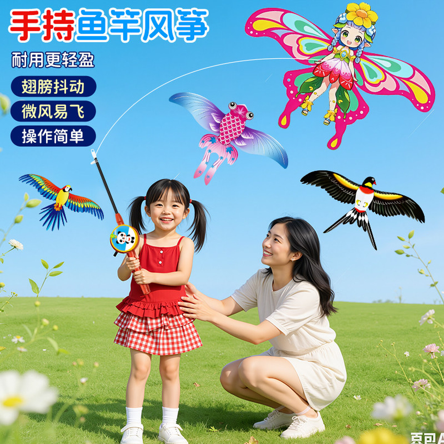 儿童风筝小号手持钓鱼竿动态燕子蝴蝶微风易飞户外玩具遛娃神器