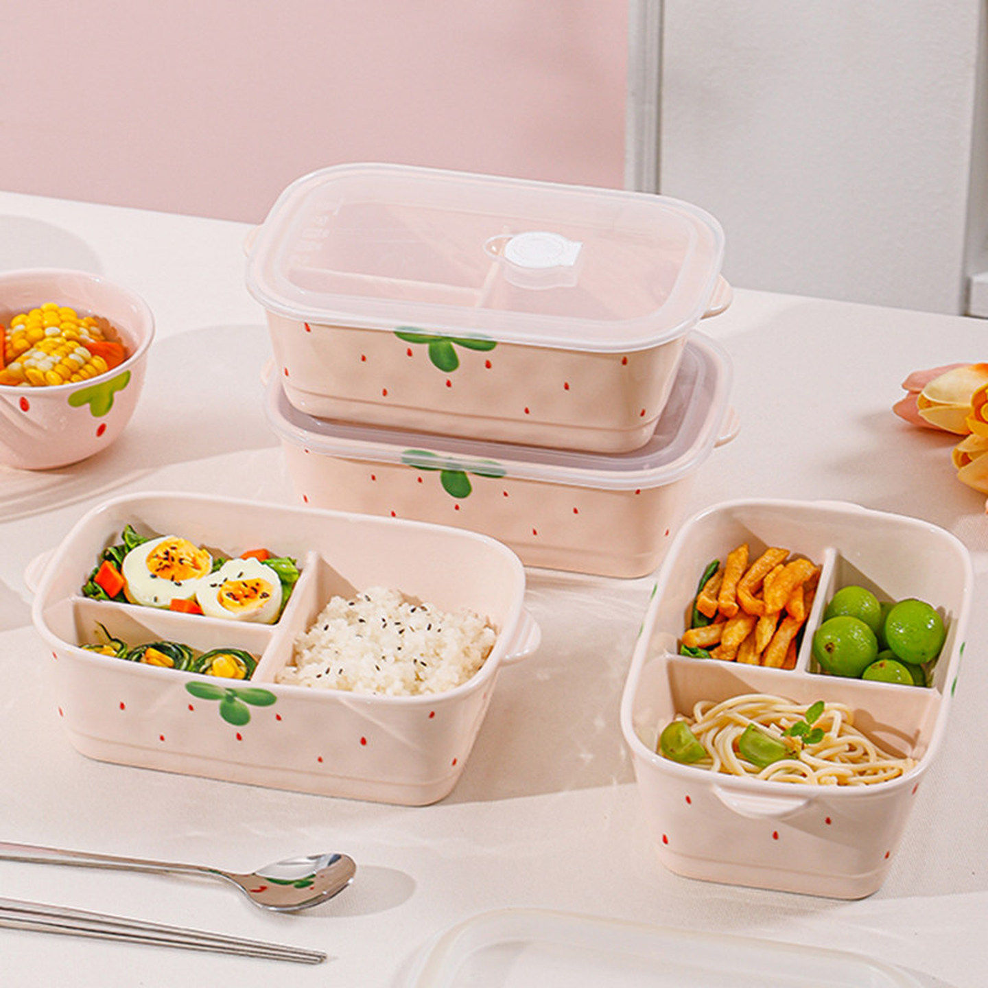 陶瓷饭盒微波炉专用上班族学生带饭分隔餐盒加热大容量密封便当盒