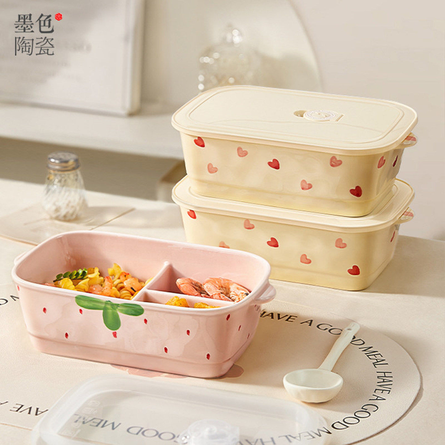 陶瓷饭盒微波炉加热专用上班族分隔饭盒带饭餐盒学生便当盒大容量