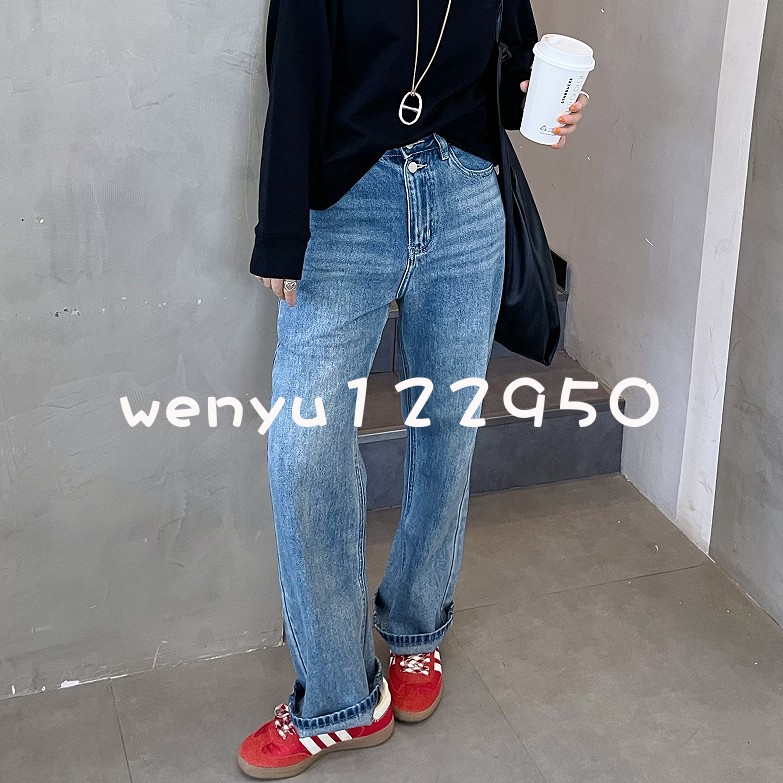 早秋韩系双扣高腰显瘦大长腿撞色口袋休闲百搭水洗直筒牛仔长裤