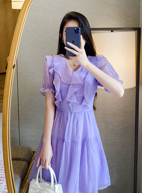 设计感小众紫色天丝连衣裙女夏季宽松收腰V领气质小个子公主裙子
