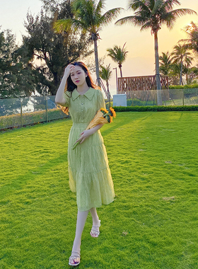 法式茶歇连衣裙女2024夏季新款Polo领绿色衬衫式收腰显瘦中长款裙