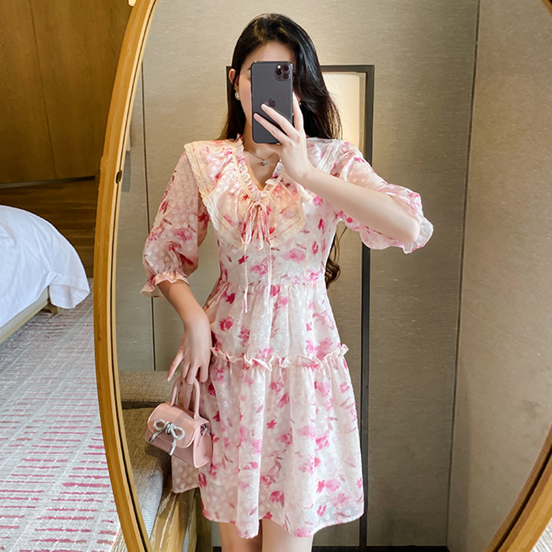 法式A字雪纺碎花蕾丝荷叶边显瘦