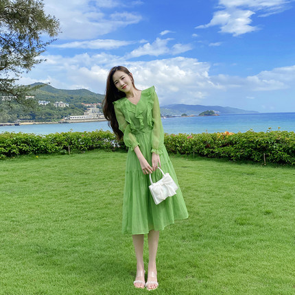 法式仙女莱赛尔天丝气质连衣裙女秋中长款裙显瘦海边沙滩飘逸长裙