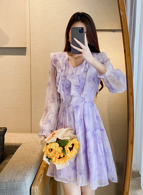 法式碎花连衣裙女早秋尤莱特紫色收腰显瘦V领气质小个子短款裙子