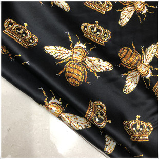 布料 黑色底蜜蜂皇冠图桑蚕丝真丝缎面料喷绘19姆米弹力丝绸服装