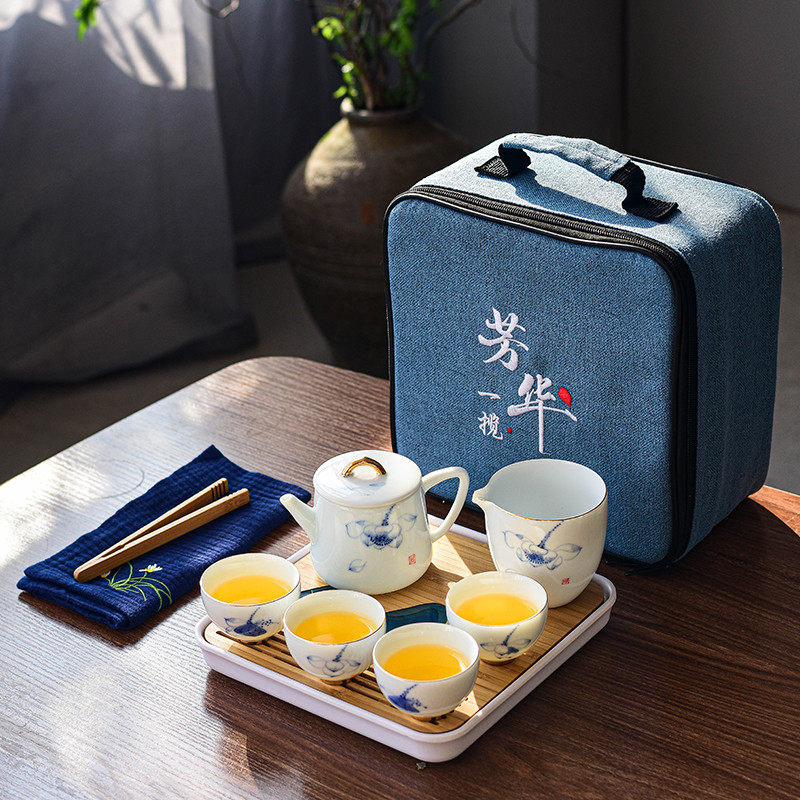 手绘旅行茶具套装一壶四杯便携式包户外家用简约功夫泡茶日式茶盘
