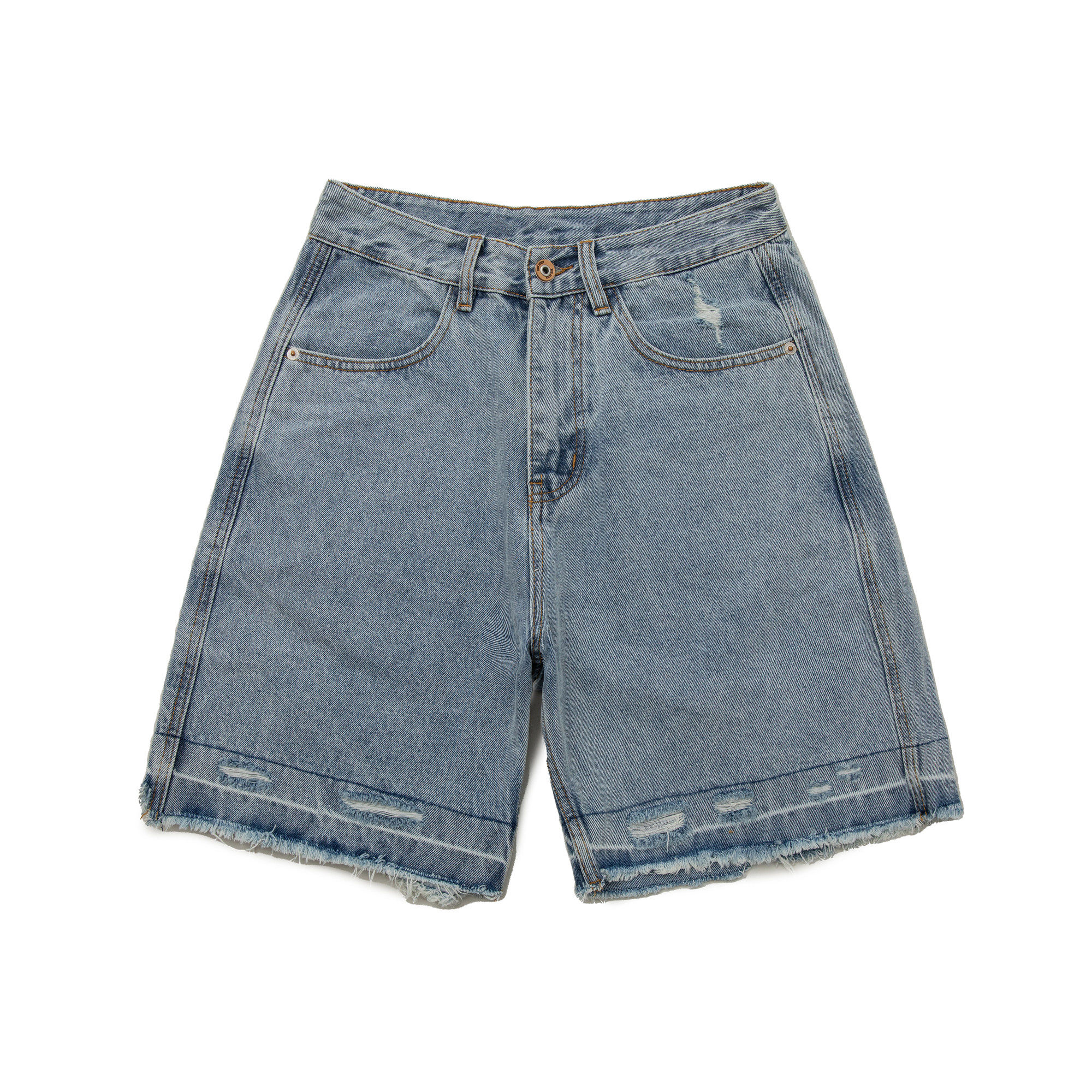 【窝】夏美式潮牌洗水做旧破洞毛边直筒工装牛仔短裤宽松休闲五分