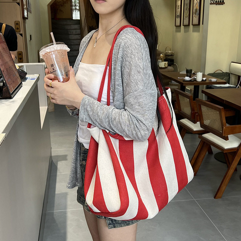 韩国购物袋手提单肩大包复古文艺小清新条纹帆布包女新款托特