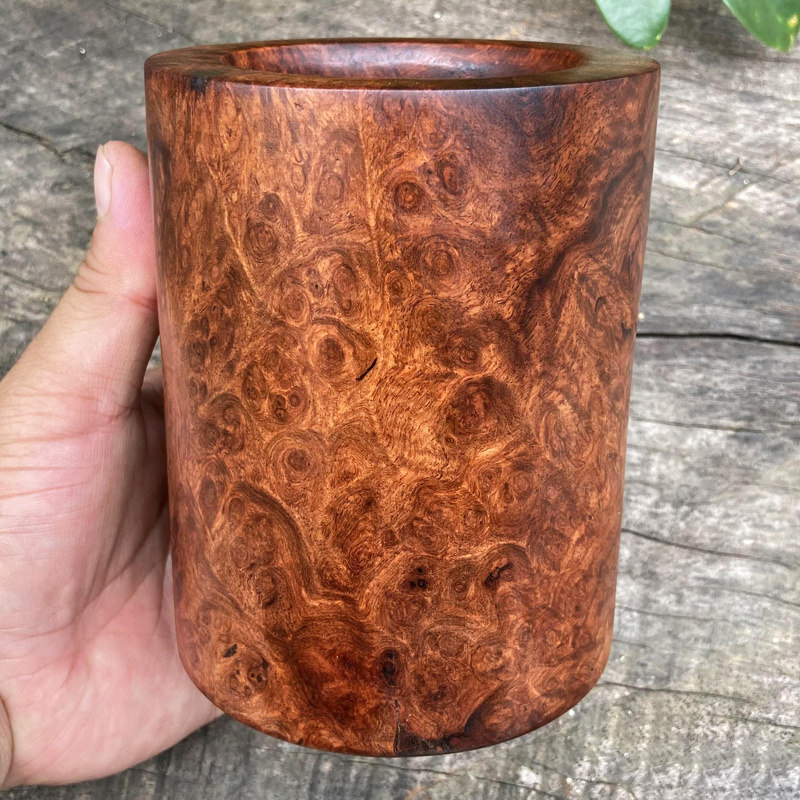 珍品收藏红木笔筒缅甸花梨木瘿木树瘤整木收纳桶茶道筒复古风中式