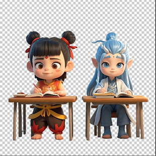 哪吒敖丙卡通读书写字人物Q版烫画印花印花热转印免扣图png素材