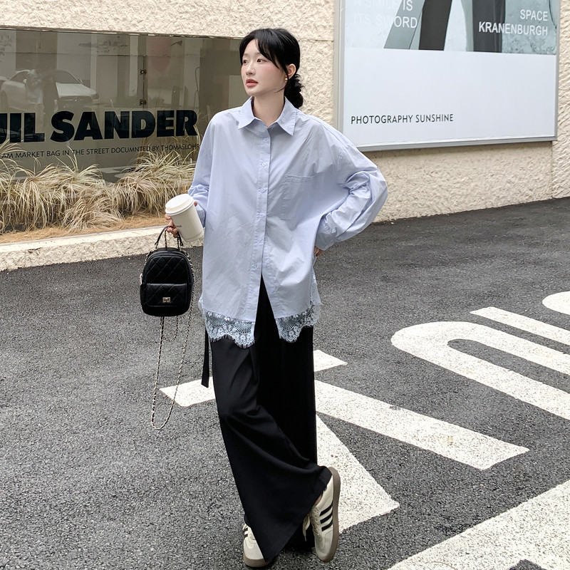 浅蓝色蕾丝花边衬衫套装女2025年春秋季新款显瘦休闲阔腿裤两件套,商品下架区,浙宝131